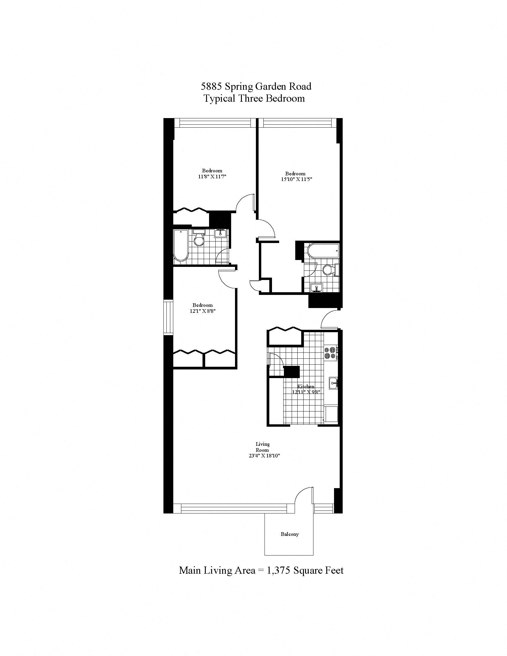 Floor plan for 3 beds, 2 baths, 1375 sqft